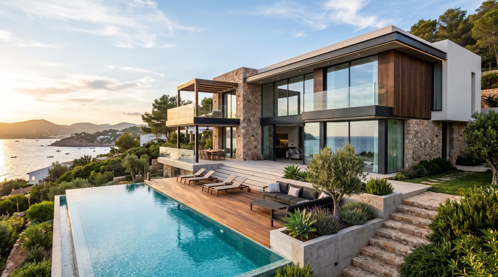 Villa con piscina a sfioro al tramonto